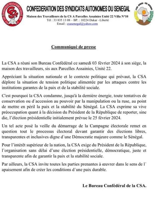 La Confédération des syndicats autonomes exige la tenue sans délai d'une élection présidentielle