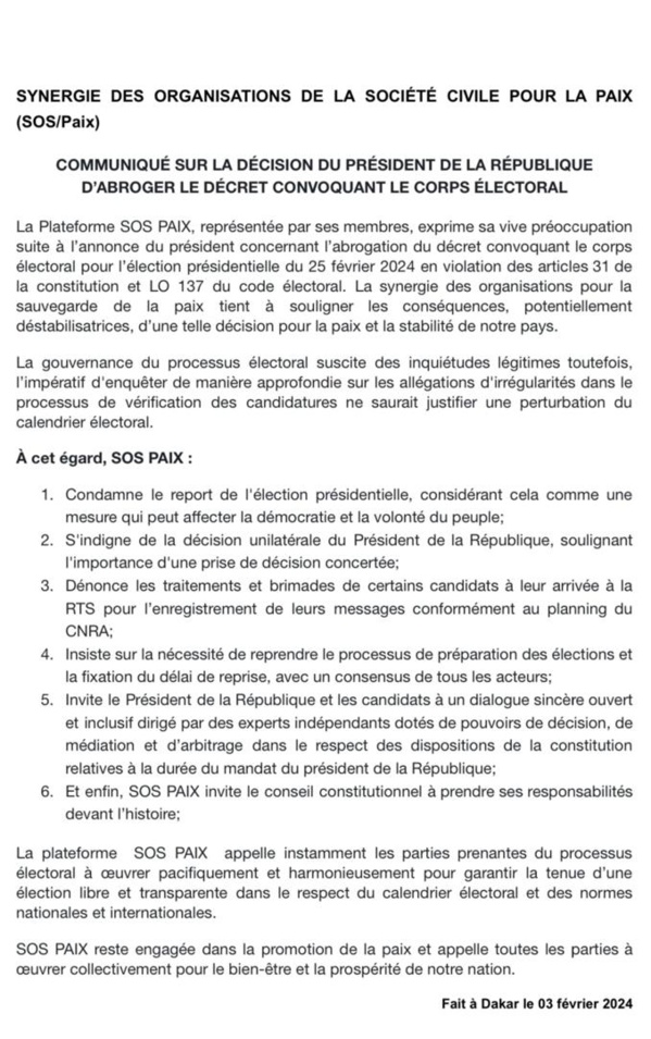 Annulation de la présidentielle du 25 février - SOS/Paix "indignée par la décision unilatérale du président de la République" Annulation de la présidentielle du 25 février - SOS/Paix "indignée par la décision unilatérale du président de la République"