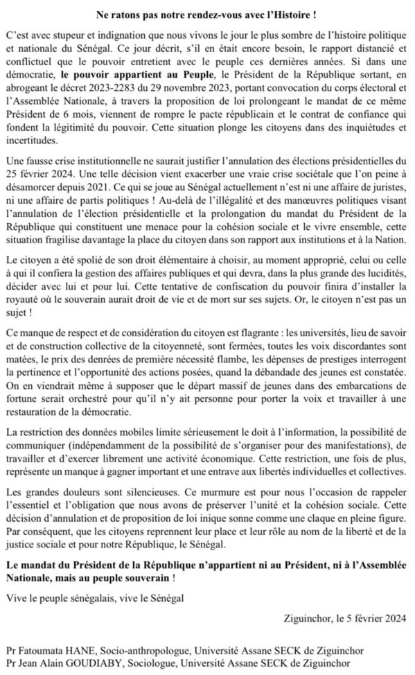 "Ne ratons pas notre rendez-vous avec l'Histoire !" (Pr Fatoumata Hane & Pr Jean Alain Goudiaby, Université Assane Seck de Ziguinchor) "Ne ratons pas notre rendez-vous avec l'Histoire !" (Pr Fatoumata Hane & Pr Jean Alain Goudiaby, Université Assane Seck de Ziguinchor)