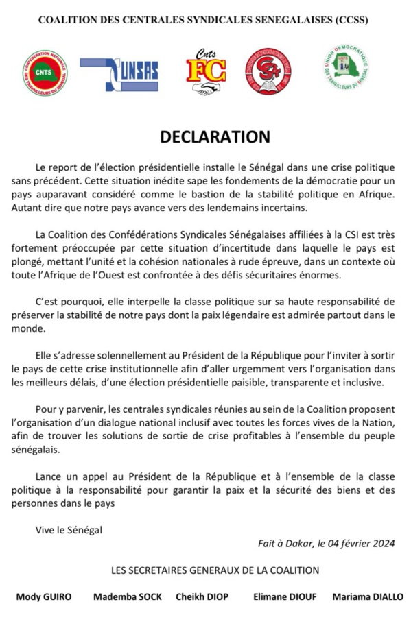 Présidentielle annulée : La Coalition des centrales syndicales sénégalaises dénonce une attaque contre les fondements de la démocratie Présidentielle annulée : La Coalition des centrales syndicales sénégalaises dénonce une attaque contre les fondements de la démocratie