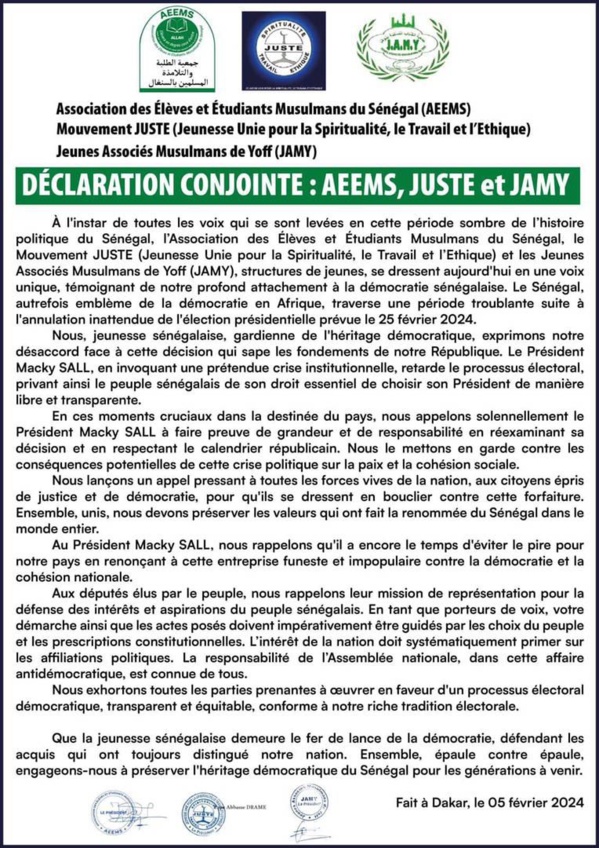 Présidentielle annulée : Déclaration conjointe AEEMS, JUSTE et JAMY Présidentielle annulée : Déclaration conjointe AEEMS, JUSTE et JAMY