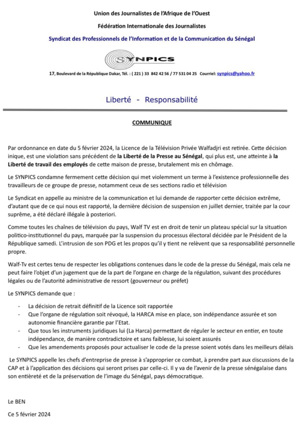 Fermeture de WALF TV - Le SYNPICS condamne une décision violente, réclame la disparition du CNRA Fermeture de WALF TV - Le SYNPICS condamne une décision violente, réclame la disparition du CNRA