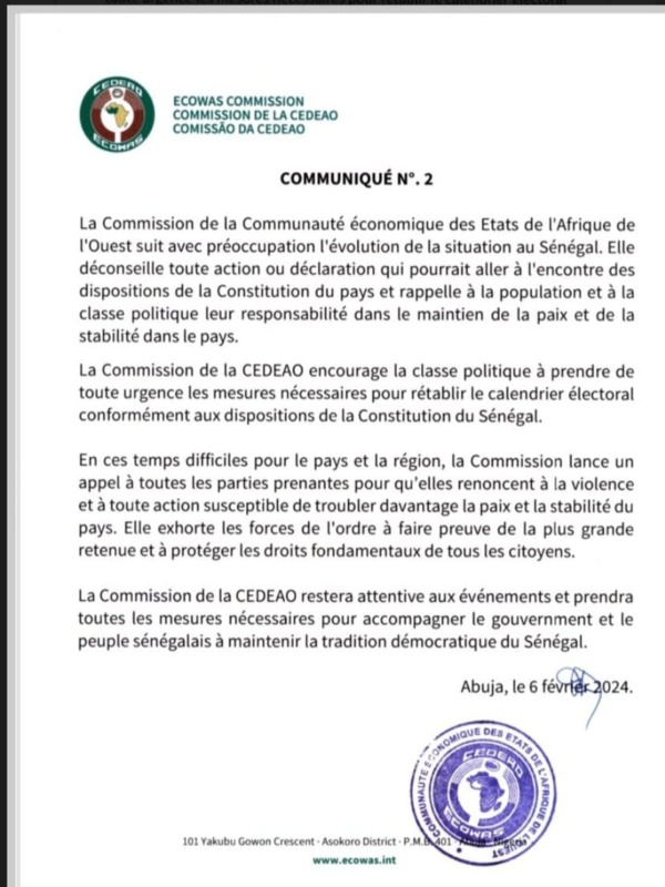 SENEGAL - La Cedeao demande "en urgence" le rétablissement du calendrier électoral SENEGAL - La Cedeao demande "en urgence" le rétablissement du calendrier électoral