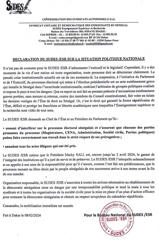Le SUDES demande au duo Macky Sall/Amadou Mame Diop « l’annulation de tous les actes illégaux » contre la présidentielle du 25 février 2024