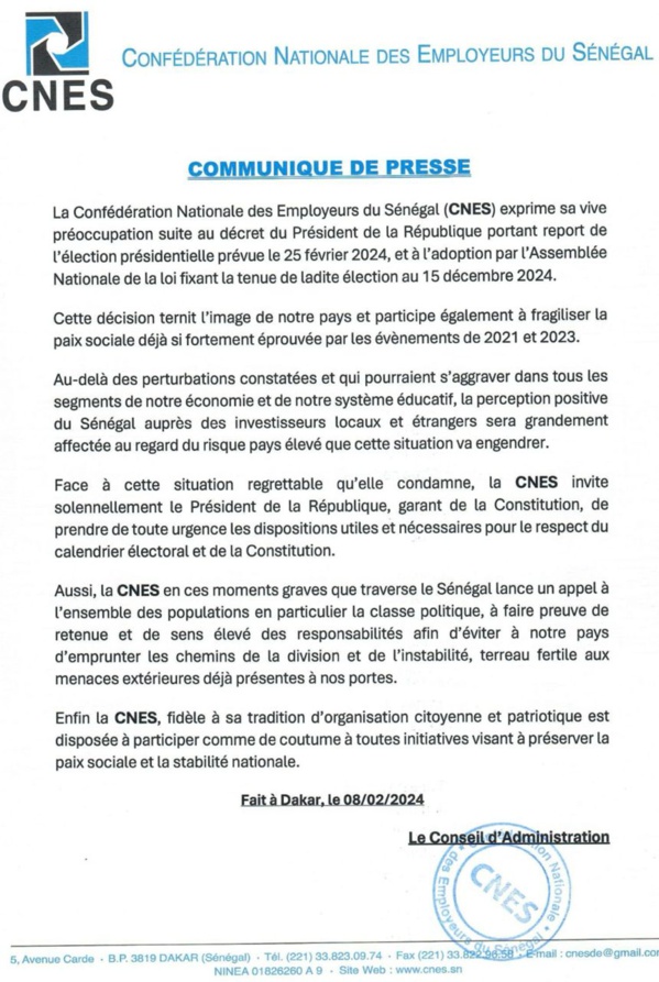 La CNES invite "de toute urgence" Macky Sall à respecter le calendrier électoral et la Constitution La CNES invite "de toute urgence" Macky Sall à respecter le calendrier électoral et la Constitution