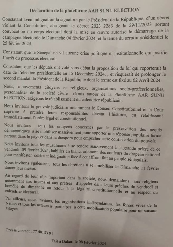 La Plateforme AAR SUNU ELECTION invite Conseil constitutionnel et Cour suprême à "prendre leurs responsabilités" La Plateforme AAR SUNU ELECTION invite Conseil constitutionnel et Cour suprême à "prendre leurs responsabilités"
