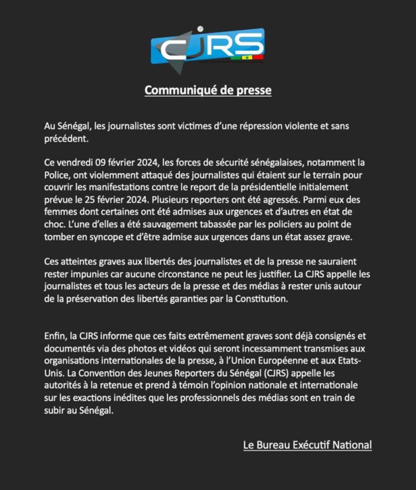 « Au Sénégal, les journalistes sont victimes d’une répression violente et sans précédent » (CJRS) « Au Sénégal, les journalistes sont victimes d’une répression violente et sans précédent » (CJRS)