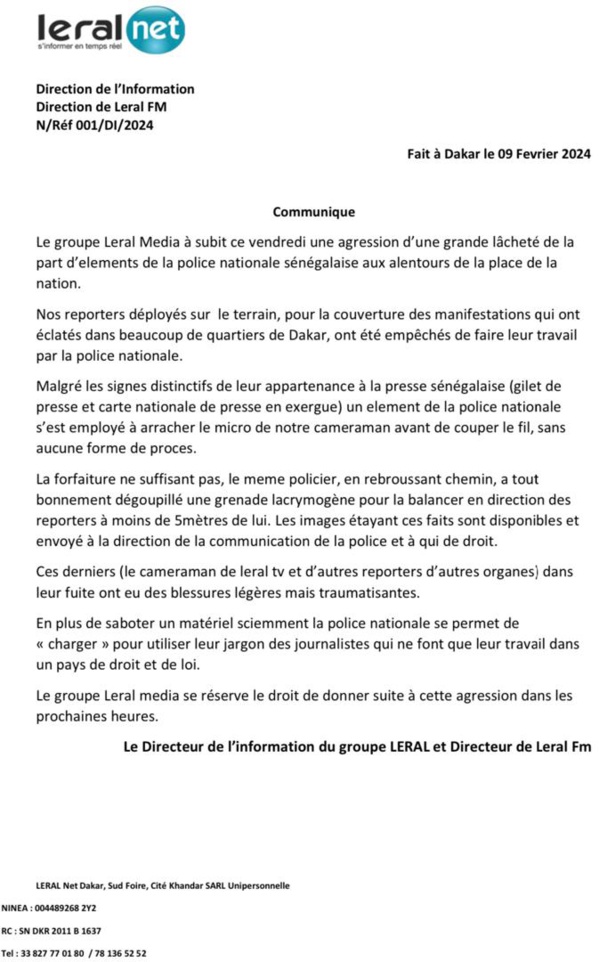 Le Groupe Leral Net condamne "l'agression lâche" de ses reporters par la police Le Groupe Leral Net condamne "l'agression lâche" de ses reporters par la police