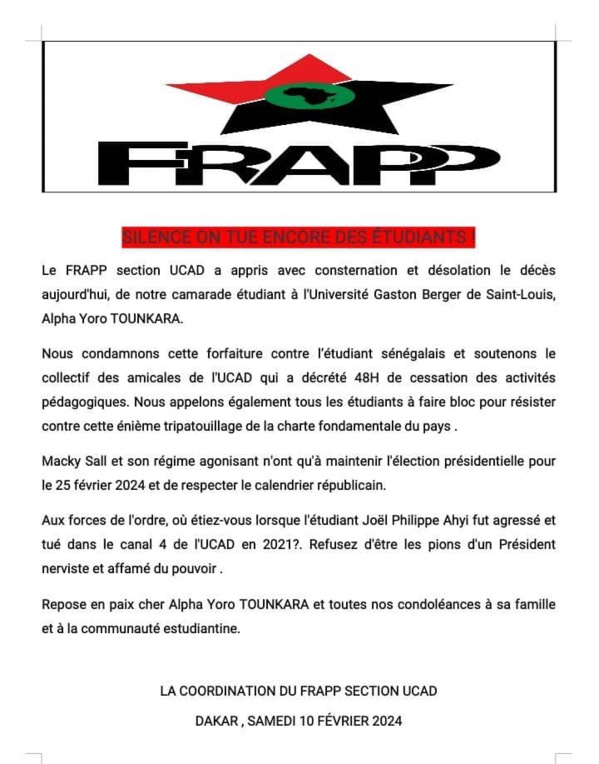 FRAPP UCAD condamne la "forfaiture" contre l'étudiant Alpha Yoro Tounkara tué á Saint-Louis FRAPP UCAD condamne la "forfaiture" contre l'étudiant Alpha Yoro Tounkara tué á Saint-Louis