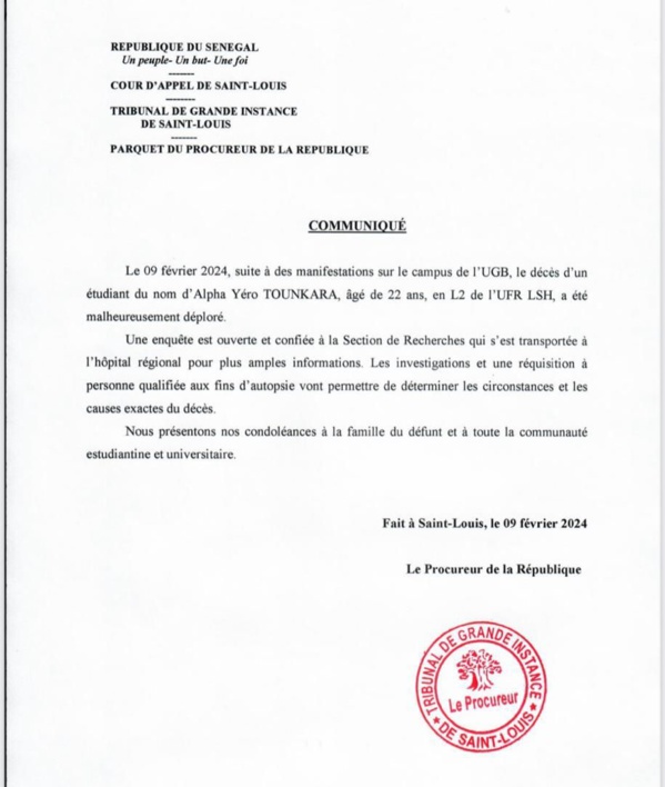 Mort de l'étudiant Alpha Yoro Tounkara : le procureur de la République de Saint-Louis ouvre l'enquête Mort de l'étudiant Alpha Yoro Tounkara : le procureur de la République de Saint-Louis ouvre l'enquête