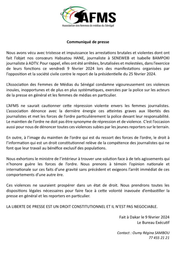 Femmes journalistes battues : l'AFMS s'insurge contre la brutalité policière Femmes journalistes battues : l'AFMS s'insurge contre la brutalité policière