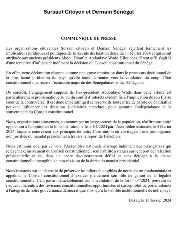 "Sursaut citoyen" et "Demain Sénégal" accusent Diouf et Wade d'influencer le Conseil constitutionnel pour valider le coup d'Etat de Sall "Sursaut citoyen" et "Demain Sénégal" accusent Diouf et Wade d'influencer le Conseil constitutionnel pour valider le coup d'Etat de Sall
