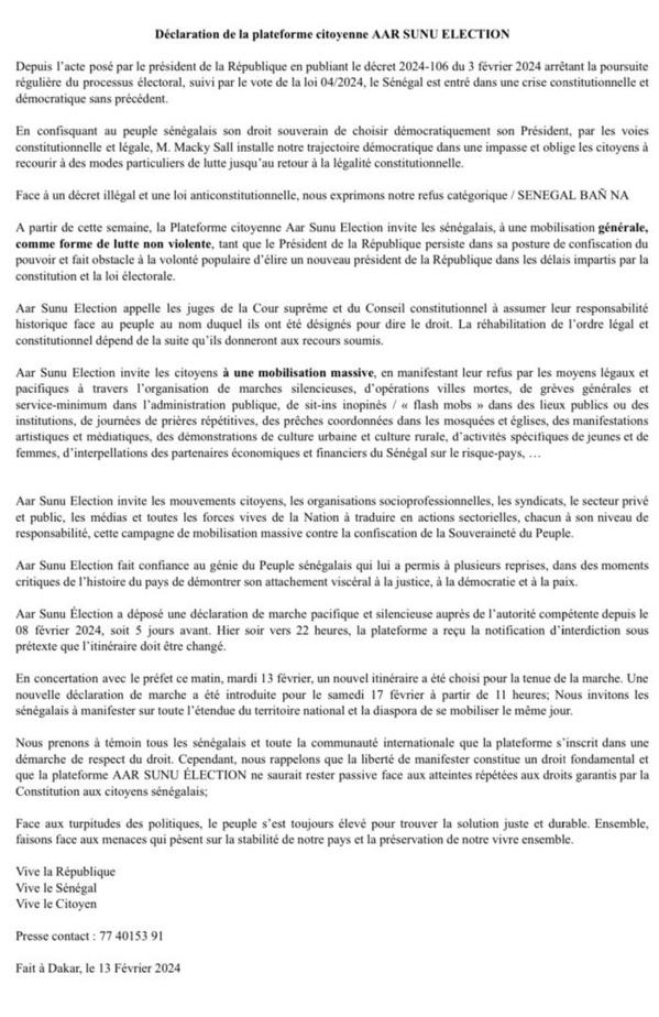 AAR SUNU ELECTION invite les Sénégalais á "une mobilisation générale et massive" contre "la confiscation du pouvoir" AAR SUNU ELECTION invite les Sénégalais á "une mobilisation générale et massive" contre "la confiscation du pouvoir"