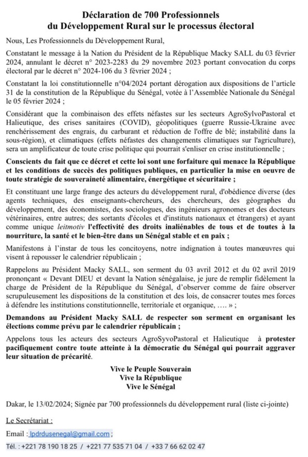 SENEGAL - Déclaration de 700 Professionnels du développement rural sur le processus électoral SENEGAL - Déclaration de 700 Professionnels du développement rural sur le processus électoral