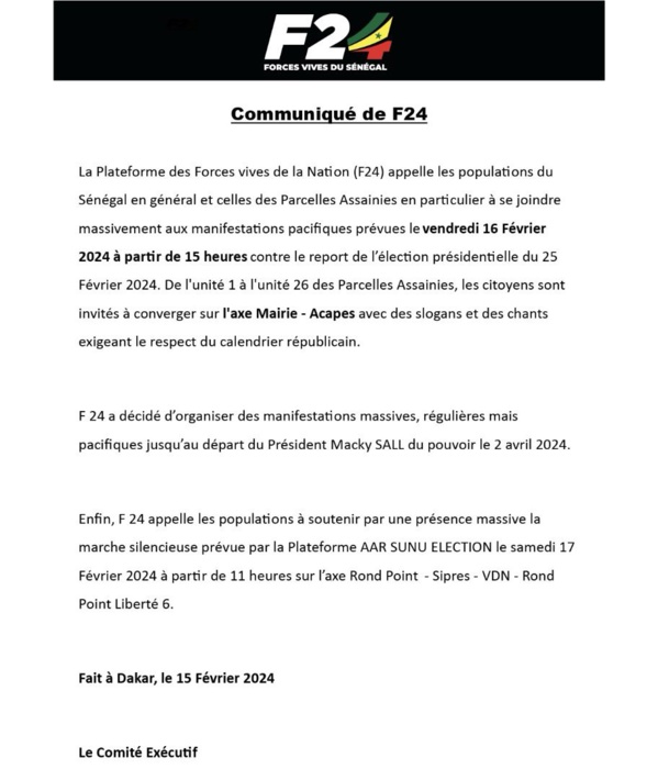 Respect du calendrier électoral : Le F 24 appelle á des "manifestations pacifiques" vendredi 16 février 2024 