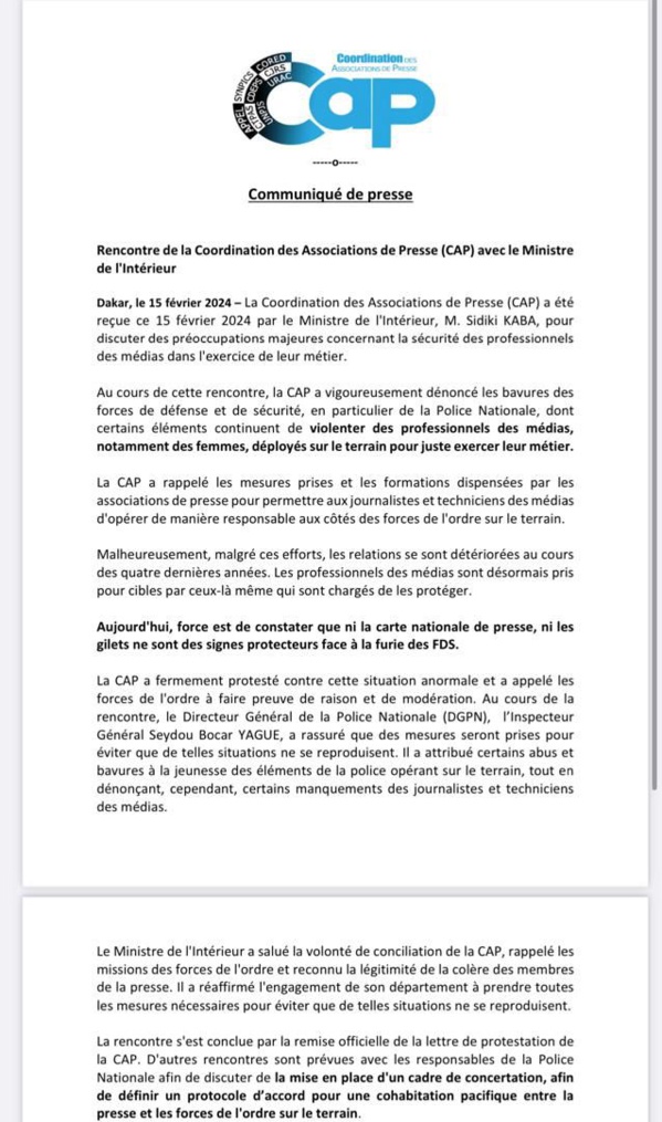 Agression de journalistes par la police : la CAP remet une lettre de protestation au ministre de l'intérieur Sidiki Kaba Agression de journalistes par la police : la CAP remet une lettre de protestation au ministre de l'intérieur Sidiki Kaba