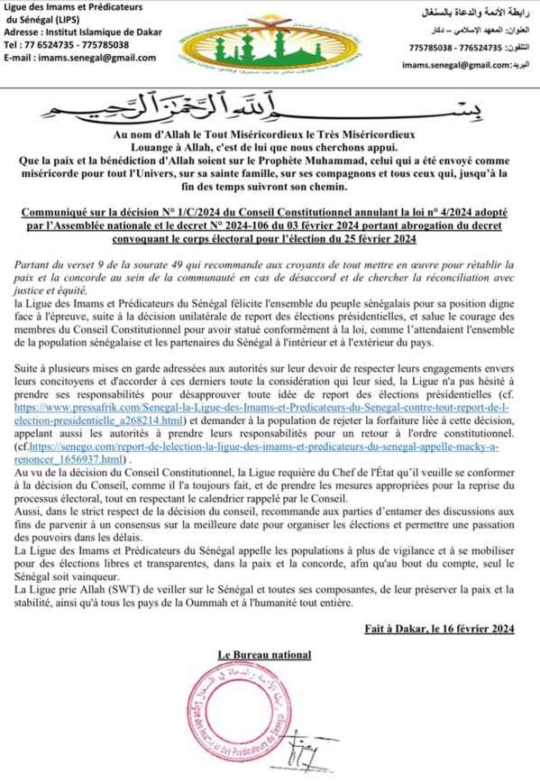 La Ligue des imams et prédicateurs du Sénégal "salue le courage des membres du Conseil constitutionnel" La Ligue des imams et prédicateurs du Sénégal "salue le courage des membres du Conseil constitutionnel"