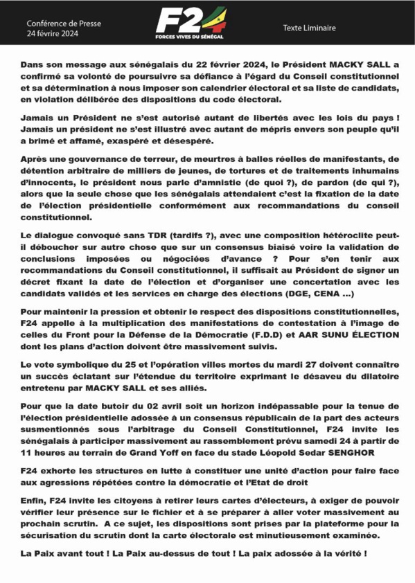 Le F24 appelle à l'intensification des manifestations dans l'unité d'action Le F24 appelle à l'intensification des manifestations dans l'unité d'action
