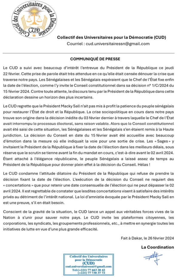 Le CUD condamne le dilatoire de Sall, préconise une synergie des « véritables forces vives de la nation pour sauver notre pays »