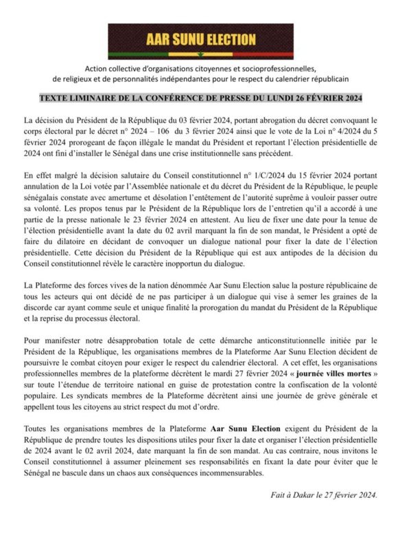 AAR Sunu Election décrète une « Journée villes mortes » pour le mardi 27 fevrier