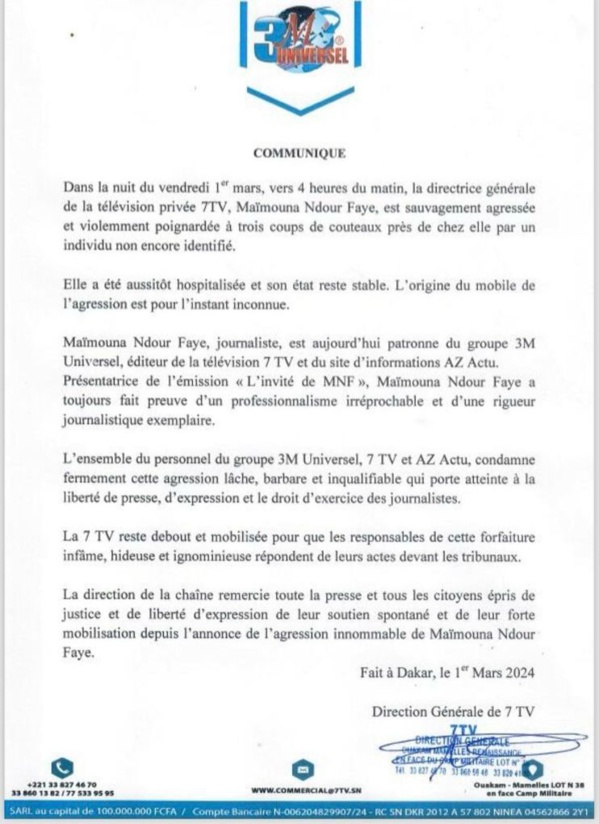 Agression contre Maimouna Ndour Faye : la réaction du Groupe 3M Universel Agression contre Maimouna Ndour Faye : la réaction du Groupe 3M Universel