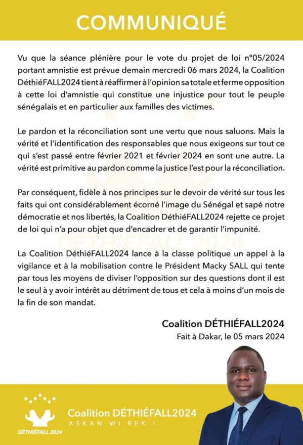 Amnistie - Le député Déthié Fall rejette un texte qui « encadre et garantit l'impunité » Amnistie - Le député Déthié Fall rejette un texte qui « encadre et garantit l'impunité »