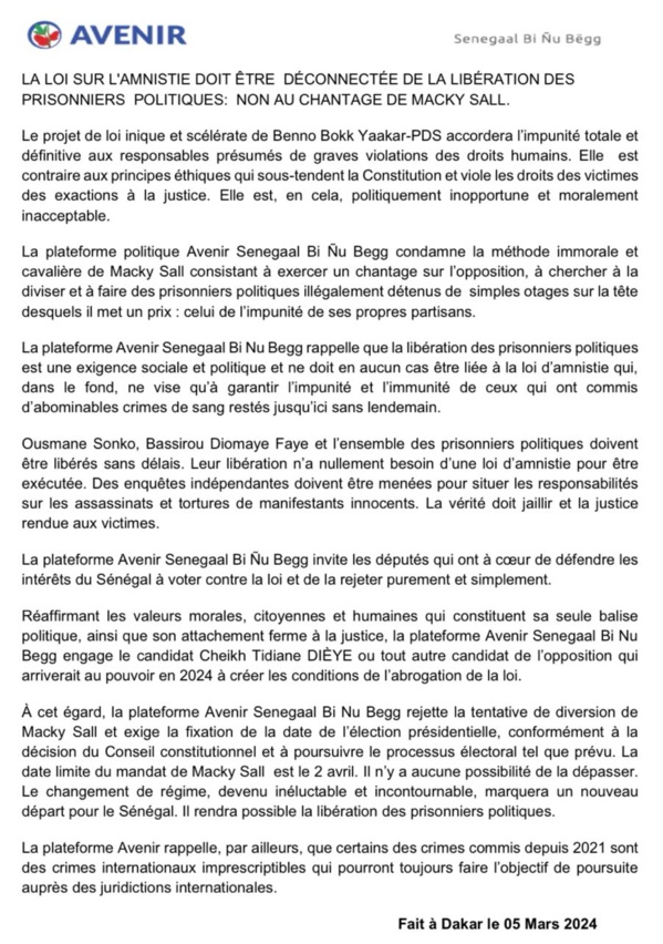 Loi d'amnistie - AVENIR Senegaal Bi Nu Bëgg dénonce le chantage de Macky Sall, appelle à voter 'Non" Loi d'amnistie - AVENIR Senegaal Bi Nu Bëgg dénonce le chantage de Macky Sall, appelle à voter 'Non"
