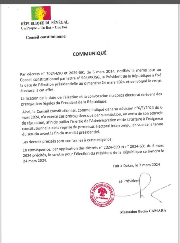 Le Conseil constitutionnel dit pourquoi il accepte la date du 24 mars pour la présidentielle Le Conseil constitutionnel dit pourquoi il accepte la date du 24 mars pour la présidentielle