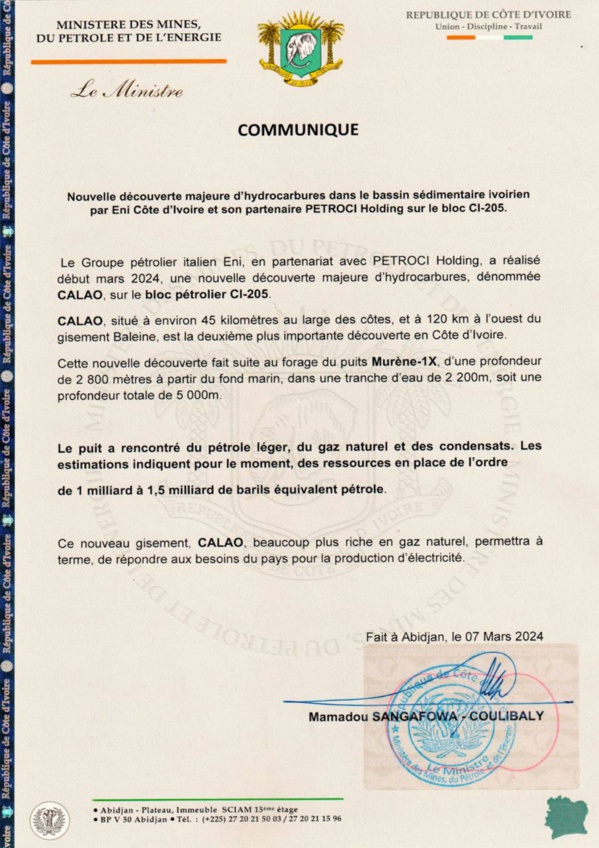 CALAO, le nouveau puits de gaz et de pétrole découvert en Côte d'Ivoire par la compagnie italienne ENI CALAO, le nouveau puits de gaz et de pétrole découvert en Côte d'Ivoire par la compagnie italienne ENI