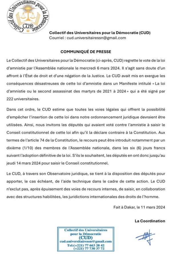 Loi d'amnistie- Le Collectif des universitaires pour la démocratie (CUD) condamne un "affront à l'Etat de droit" Loi d'amnistie- Le Collectif des universitaires pour la démocratie (CUD) condamne un "affront à l'Etat de droit"