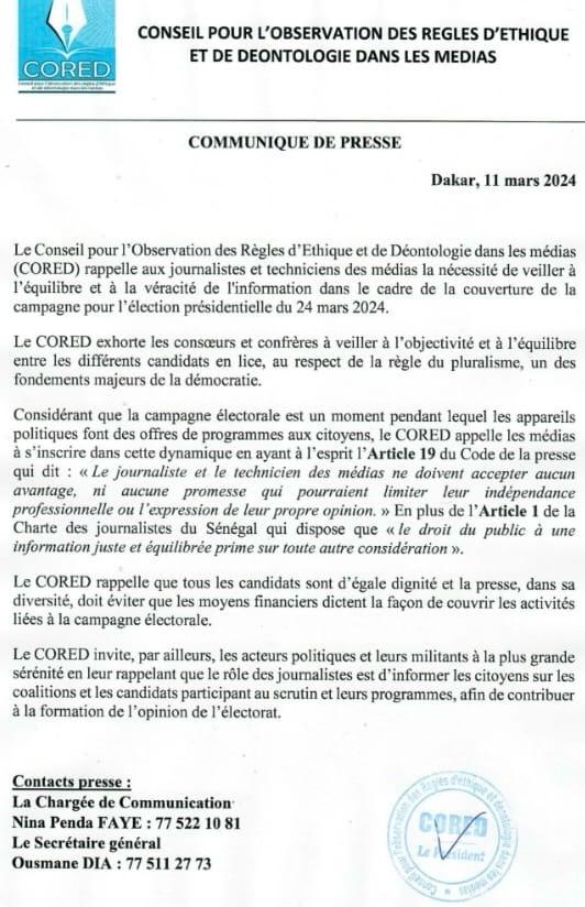 Campagne électorale : le Cored appelle les journalistes au professionnalisme et à l'éthique 