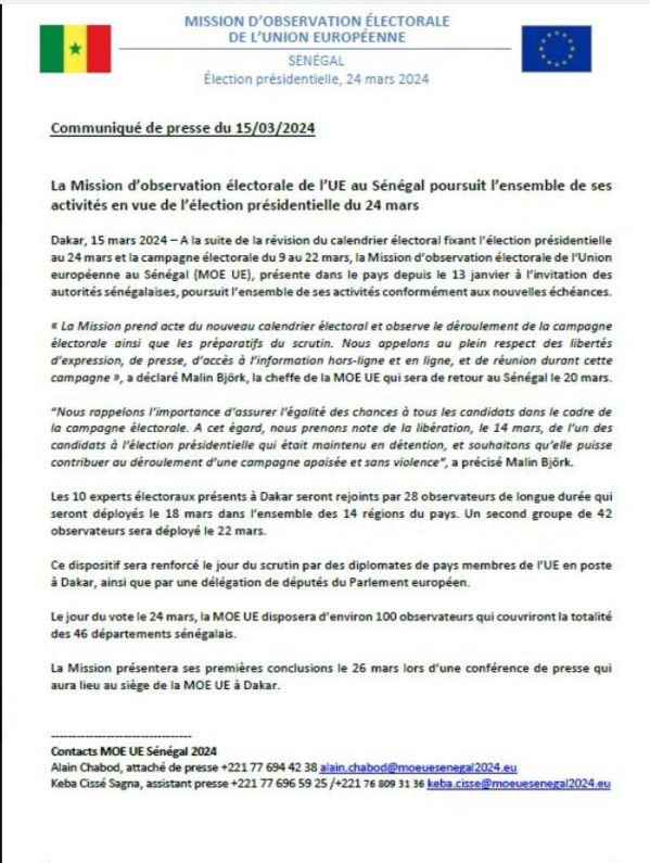 Présidentielle du 24 mars : l'UE annonce le redéploiement de ses observateurs et l'arrivée de députés du parlement européen 