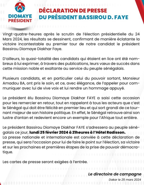 "Déclaration de presse du président Bassirou Diomaye Faye" "Déclaration de presse du président Bassirou Diomaye Faye"