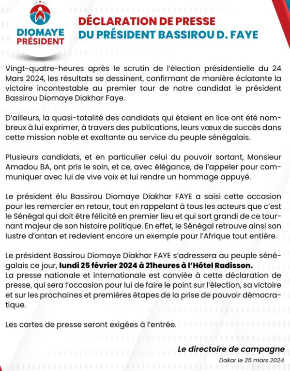 "Déclaration de presse du président Bassirou Diomaye Faye"