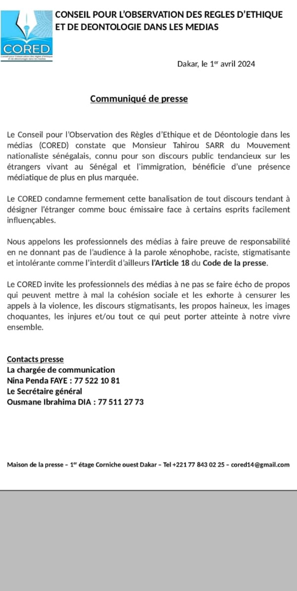 Le CORED condamne le discours "xénophobe et stigmatisant" contre les étrangers, appelle les médias á plus de responsabilité Le CORED condamne le discours "xénophobe et stigmatisant" contre les étrangers, appelle les médias á plus de responsabilité