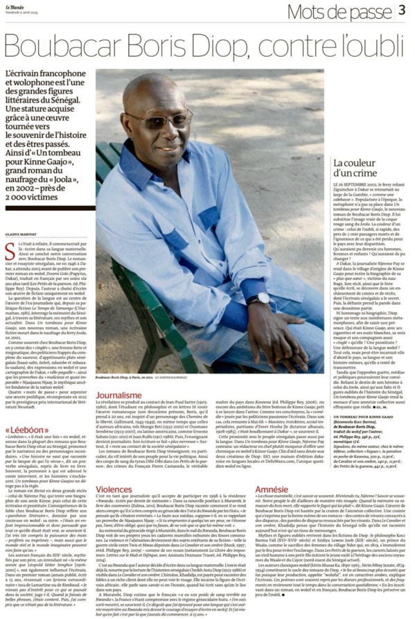 « boubacar Boris Diop, Contre L’oubli » (le Monde)