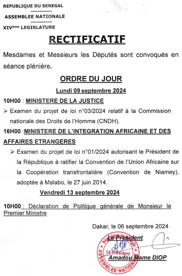 Assemblée nationale : l'agenda de la session extraordinaire arrêté, la DPG aura lieu le 13 septembre en principe Assemblée nationale : l'agenda de la session extraordinaire arrêté, la DPG aura lieu le 13 septembre en principe