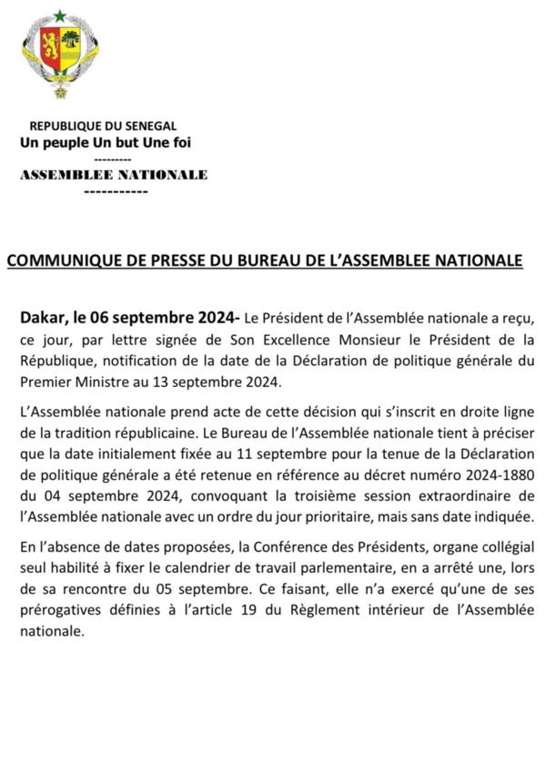 DPG - Le Bureau de l'Assemblée nationale explique pourquoi il avait choisi la date du 11 septembre DPG - Le Bureau de l'Assemblée nationale explique pourquoi il avait choisi la date du 11 septembre
