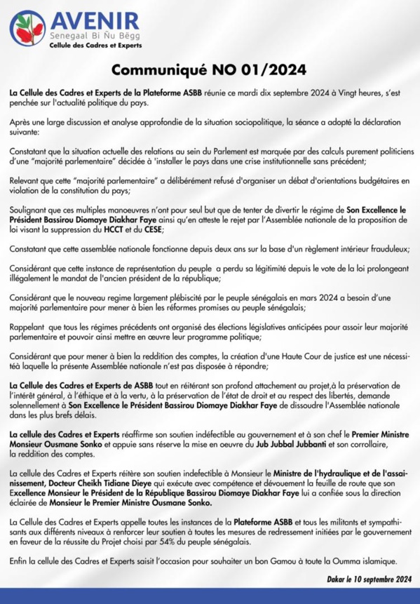 Les cadres de Avenir Senegaal Bi Nu Bëgg demandent la dissolution de l'Assemblée nationale "dans les plus brefs délais" Les cadres de Avenir Senegaal Bi Nu Bëgg demandent la dissolution de l'Assemblée nationale "dans les plus brefs délais"