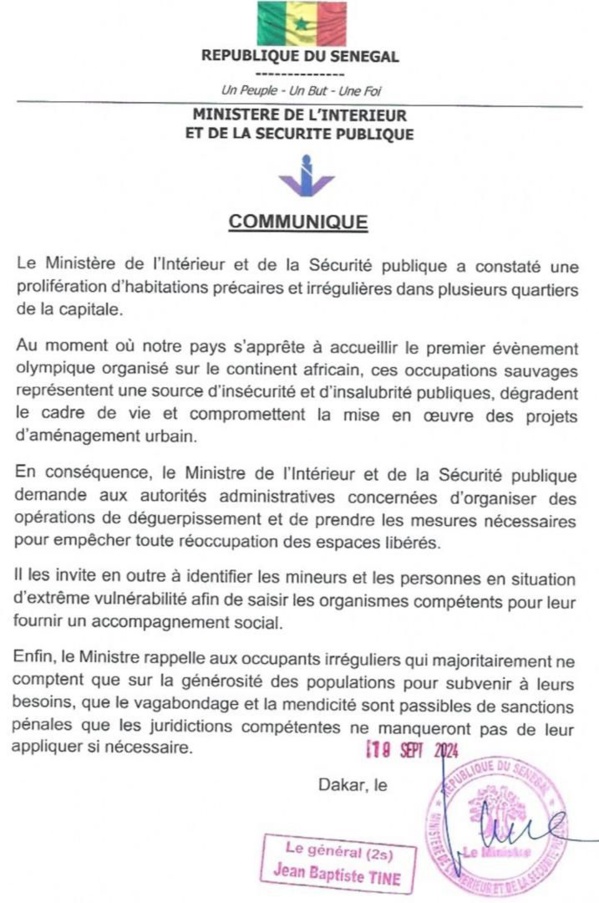Le ministre de l'Intérieur ordonne de nouveaux déguerpissements dans Dakar Le ministre de l'Intérieur ordonne de nouveaux déguerpissements dans Dakar
