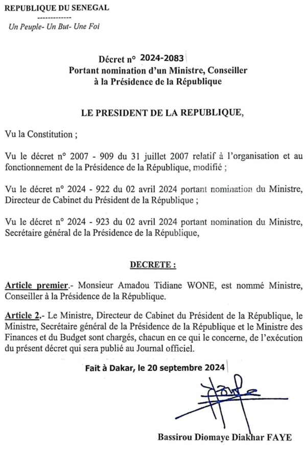 Amadou Tidiane Wone nommé ministre-conseiller à la présidence de la République Amadou Tidiane Wone nommé ministre-conseiller à la présidence de la République