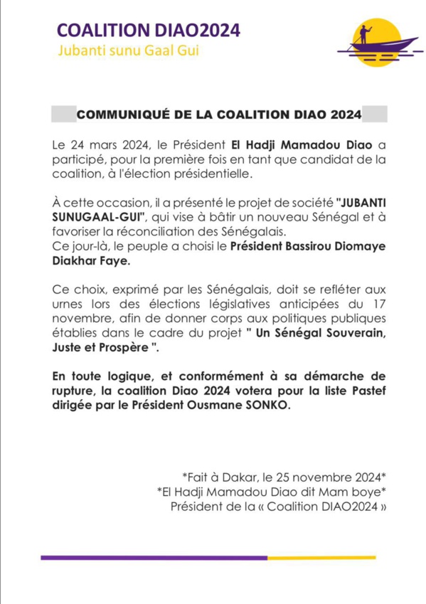 Législatives du 17-Novembre : l'ex candidat présidentiel Mame Boye Diao se rallie à Pastef "en toute logique" Législatives du 17-Novembre : l'ex candidat présidentiel Mame Boye Diao se rallie à Pastef "en toute logique"