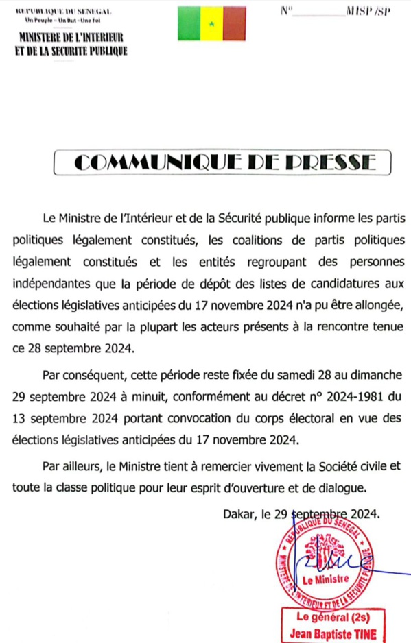 Législatives du 17-Novembre : le délai de dépôt des candidatures non prolongé Législatives du 17-Novembre : le délai de dépôt des candidatures non prolongé