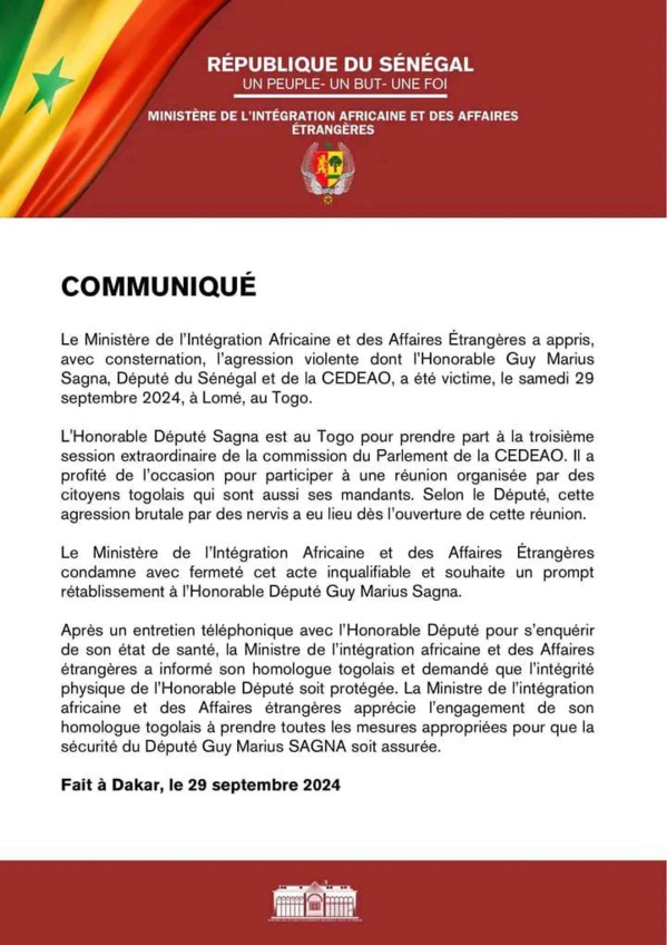 Agression contre GM Sagna à Lomé : la réaction du Sénégal Agression contre GM Sagna à Lomé : la réaction du Sénégal