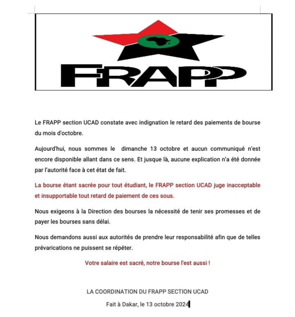 Le FRAPP dénonce le retard "inacceptable" du paiement des bourses d'octobre Le FRAPP dénonce le retard "inacceptable" du paiement des bourses d'octobre