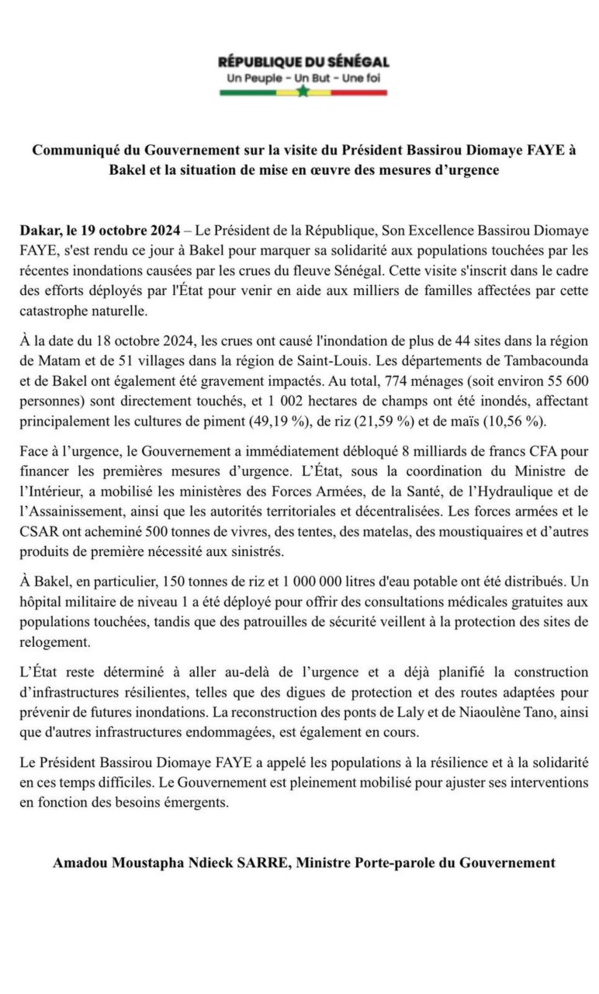 Inondation à Bakel-Sant-Louis-Matam : Le gouvernement liste les mesures d'urgence pour les populations impactées Inondation à Bakel-Sant-Louis-Matam : Le gouvernement liste les mesures d'urgence pour les populations impactées