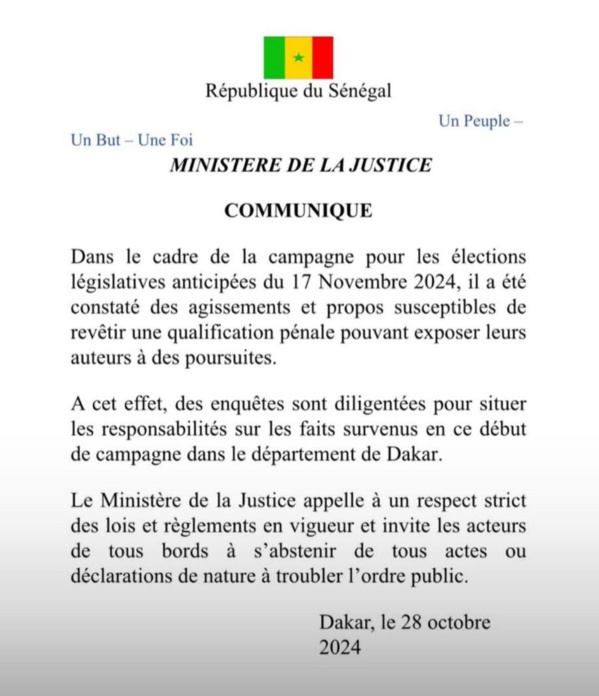 Campagne électorale - Le ministre de la Justice diligente des enquêtes sur des violences verbales et physiques (communiqué) Campagne électorale - Le ministre de la Justice diligente des enquêtes sur des violences verbales et physiques (communiqué)