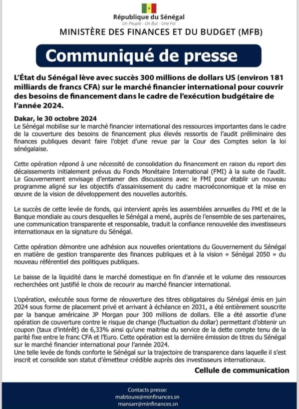 Le Sénégal lève 181 milliards de francs CFA sur le marché financier international à un taux de 6,33 % Le Sénégal lève 181 milliards de francs CFA sur le marché financier international à un taux de 6,33 %
