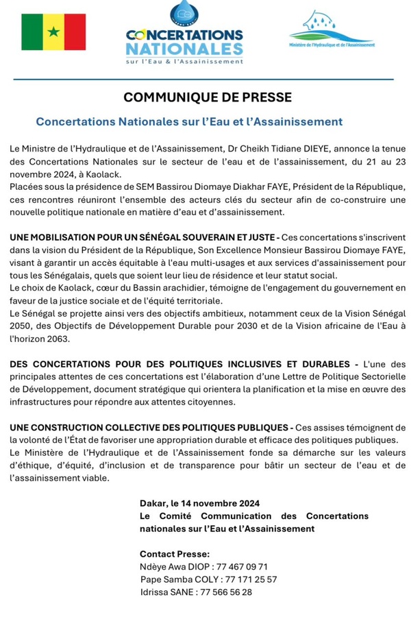 EAU - Les concertations nationales du 21 au 23 novembre à Kaolack EAU - Les concertations nationales du 21 au 23 novembre à Kaolack