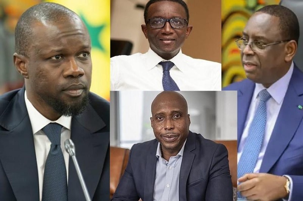Ousmane Sonko (à g.), Amadou Ba (en h.), Barthélémy Dias (en b.) et Macky Sall (à d.) Ousmane Sonko (à g.), Amadou Ba (en h.), Barthélémy Dias (en b.) et Macky Sall (à d.)